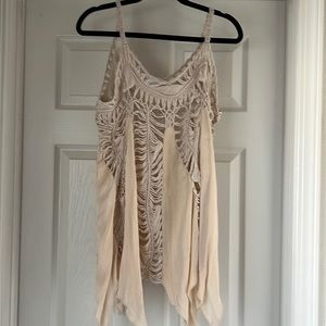 Women’s tan crocheted panel tank top / bathing suit cover up
